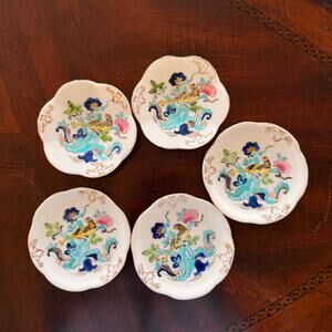 Set of 5 Japanese enamel hand painted antique butter pat dishes bird trinket